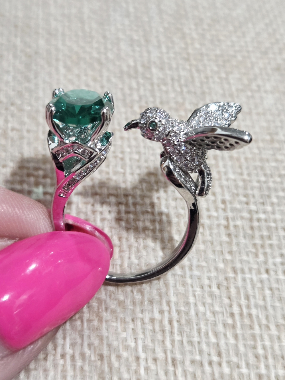 Hummingbird Ring with Green Gem Stone~ Adjustable
